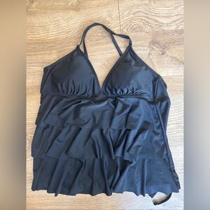 Catalina Swim Top size L 12-14 Black Ruffled 3 Tier Built In Bra Halter Straps